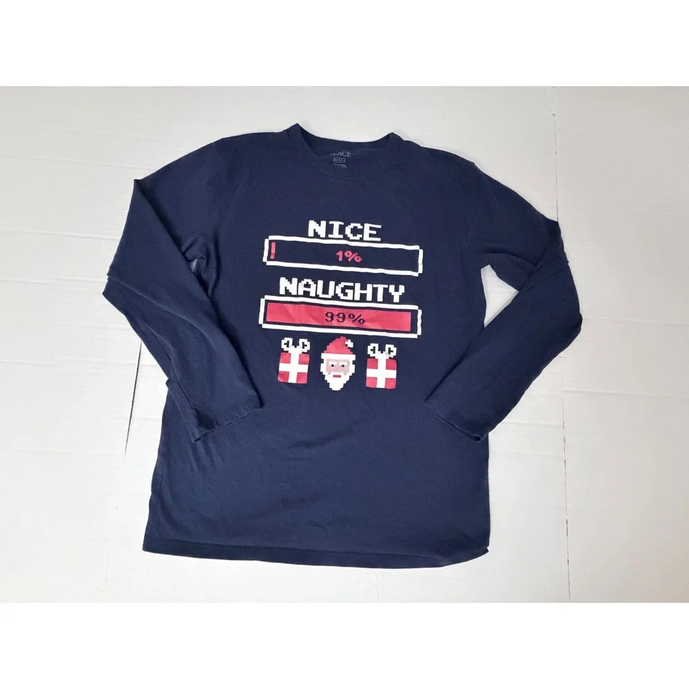 Childrens Place Boys XXL 16 Navy Blue Naughty Nice Santa Long Sleeve Graphic Tee